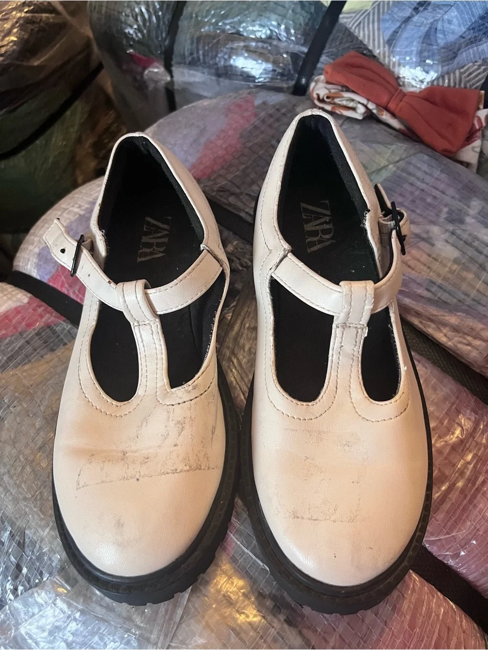 Zara Cream T-Strap Loafers with Black Soles